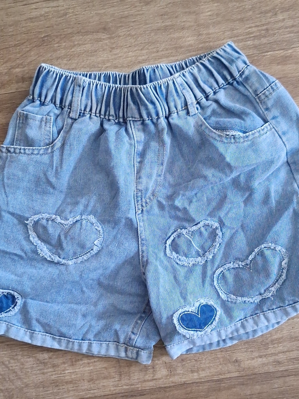 Girls Light Blue Denim Shorts with Heart Appliqués